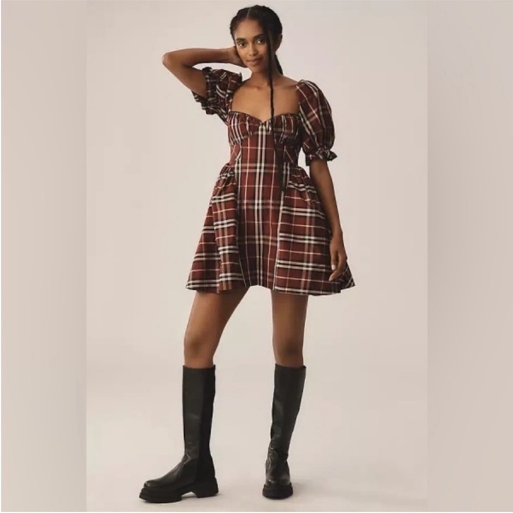 Anthropologie Maeve maroon plaid tartan burgundy mini dress size Large NWT
